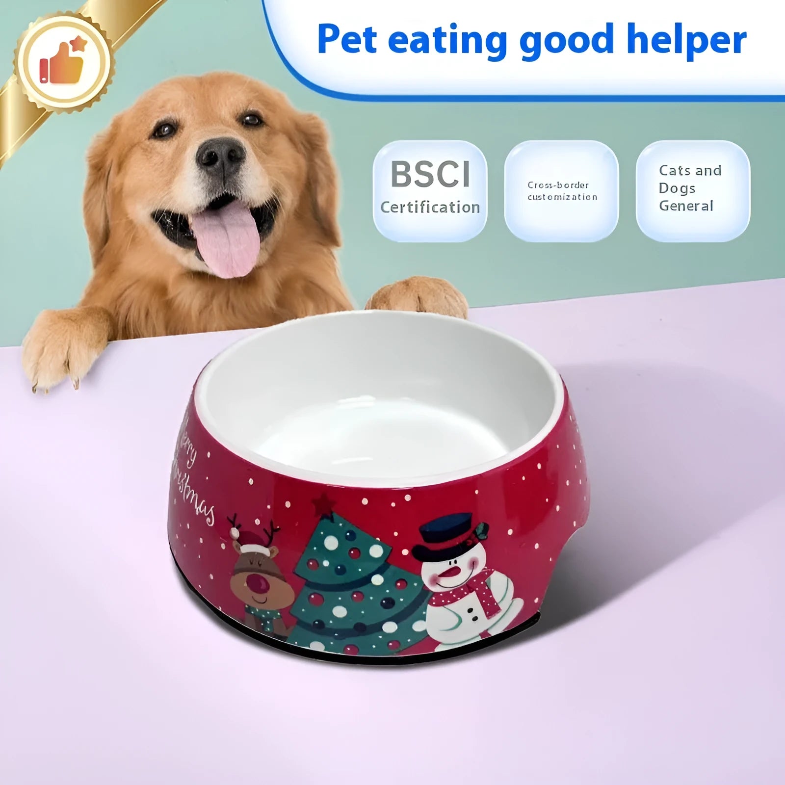 Red Christmas pet bowl with stainless steel upper layer and removable melamine tray