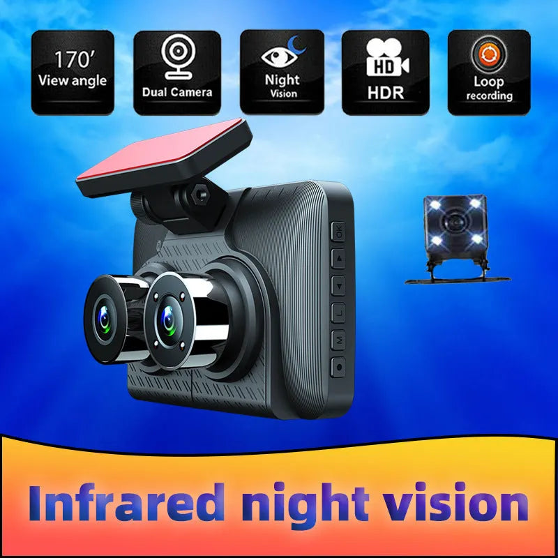 4 inch black dashcam with touch screen showing 1080P HD recording and infrared night vision display
