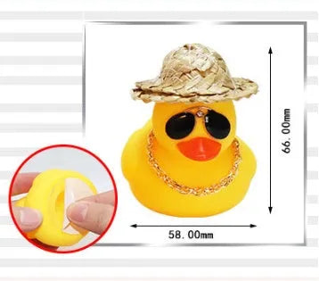 Yellow cartoon duck wearing a straw hat car decoration with adhesive glue and sunglasses accessory.