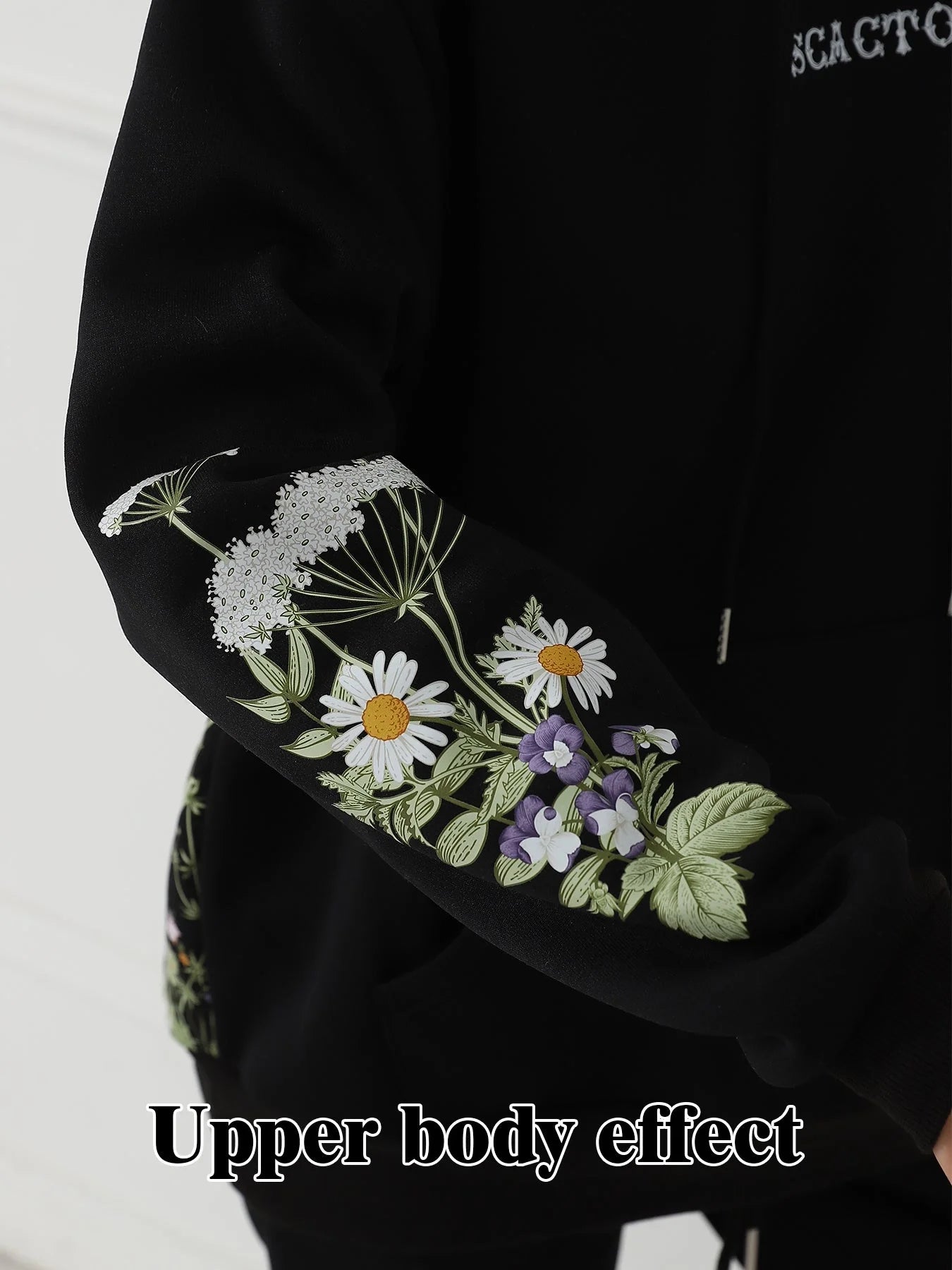 Women's solid colour floral long sleeved sweatshirt in black, blue, apricot