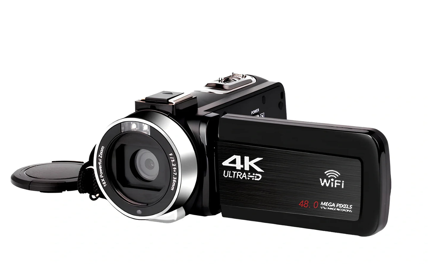 Black 3.0 inch touch screen 4K digital video camera with WiFi, remote, and 18x zoom lens