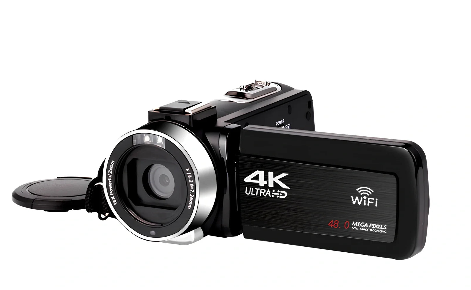 Black 3.0 inch touch screen 4K digital video camera with WiFi, remote, and 18x zoom lens