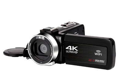 Black 3.0 inch touch screen 4K digital video camera with WiFi, remote, and 18x zoom lens