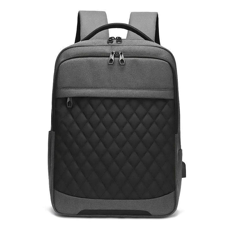 Men's Oxford cloth travel backpack in black showing curved shoulder strap and diamond mesh back panel