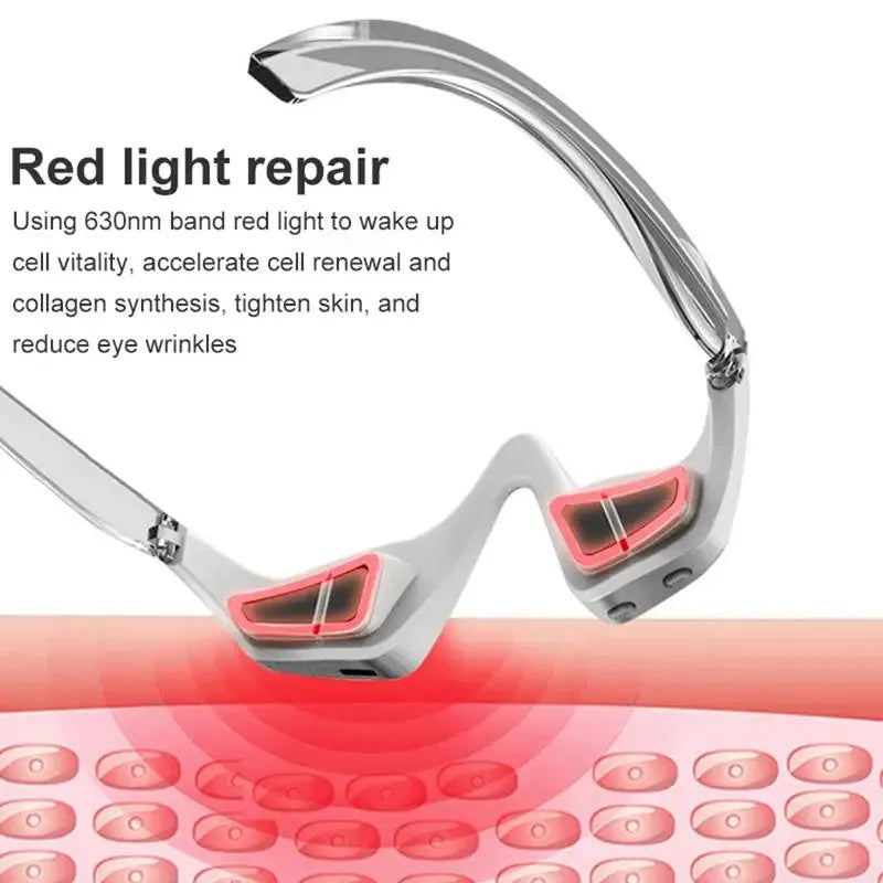Pink and white micro-current eye massager with glasses-style frame on a grey background.