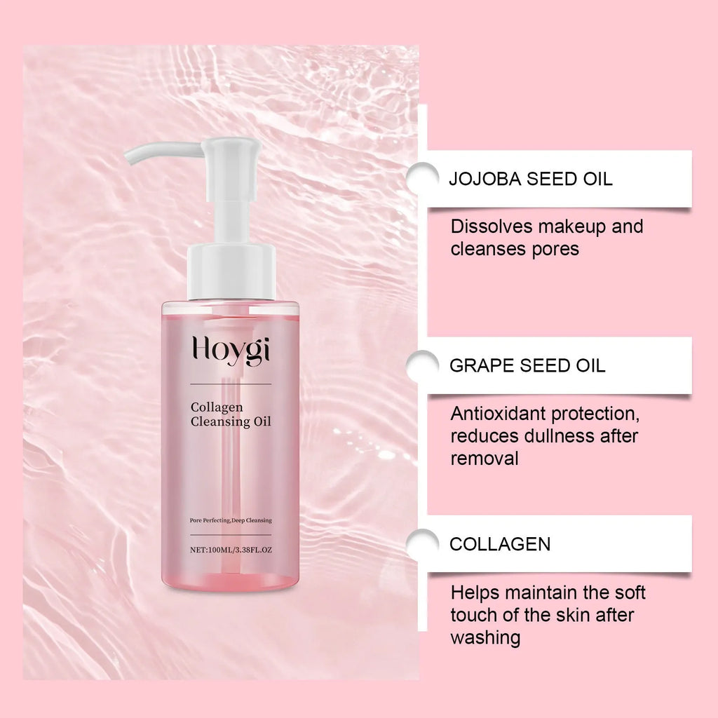 100ml bottle of collagen cleansing oil with jojoba and grape seed oil for makeup removal.
