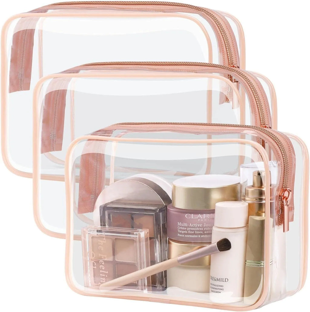 Set of three semi-transparent PVC makeup bags in black, pink, and white colours for Labubu and cosmetic storage