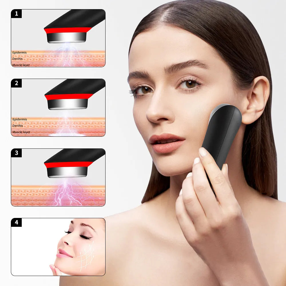 Black rechargeable eye massager with red and blue light therapy on a face