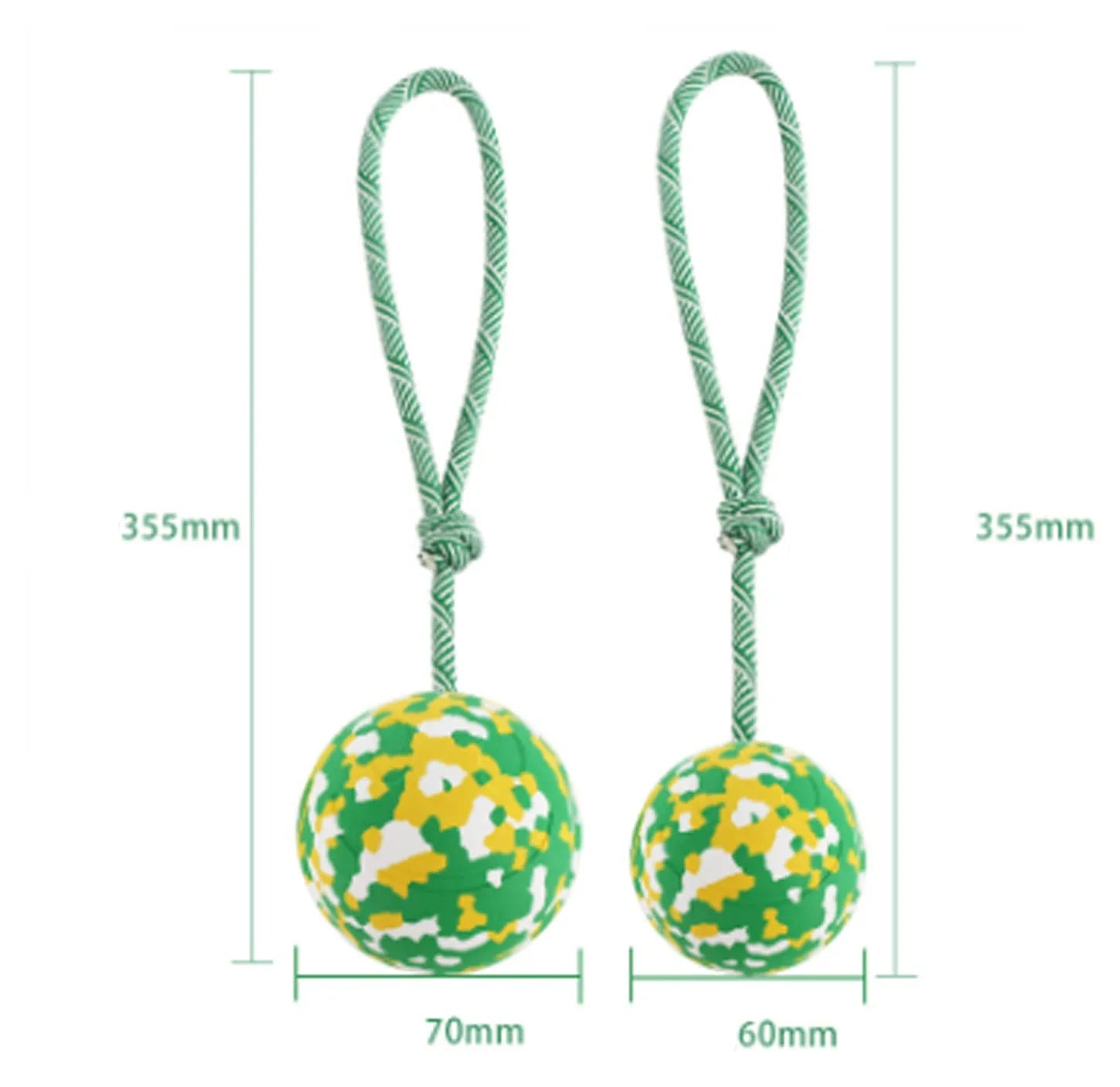 Natural rubber dog ball toy with a blue nylon rope attached for fetch and tug games.