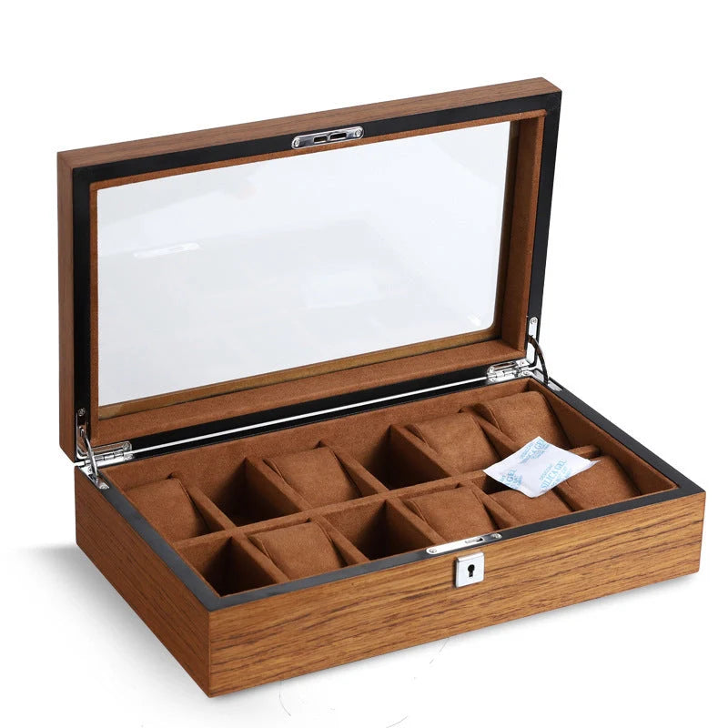Matte wood grain lock watch storage box with 5 slots, brown finish