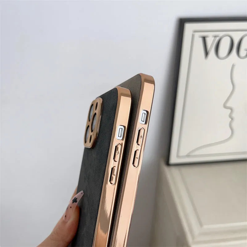 Electroplated sheepskin phone case with metal lens protector for iPhone in black
