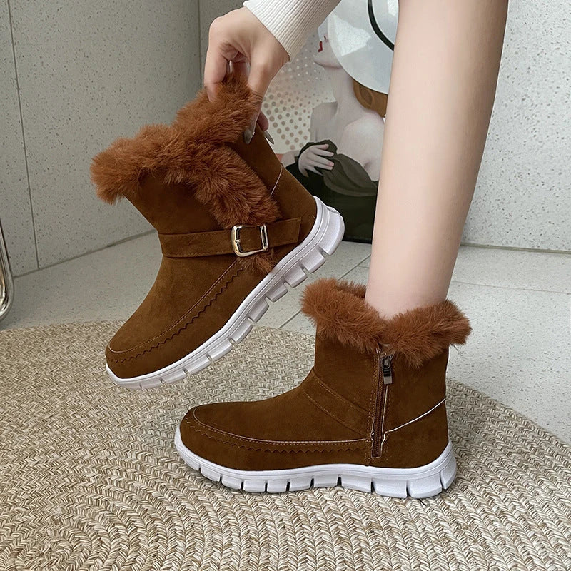 Plush snow boots with suede upper, rubber sole, and artificial fur lining for women's winter wear