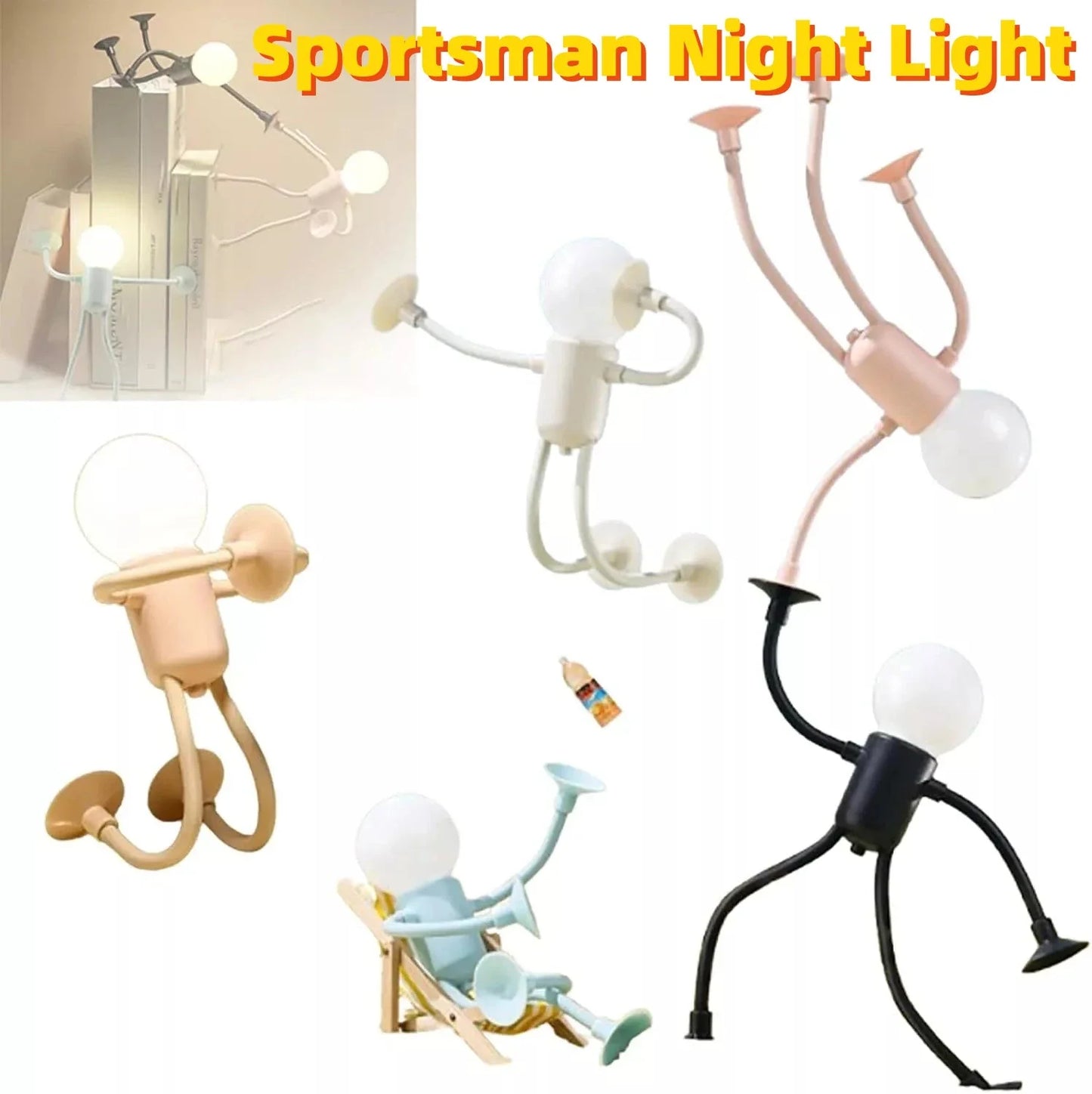 Versatile posable sports lamp with flexible design and vacuum suction base, available in beige, pink, blue, and black colors