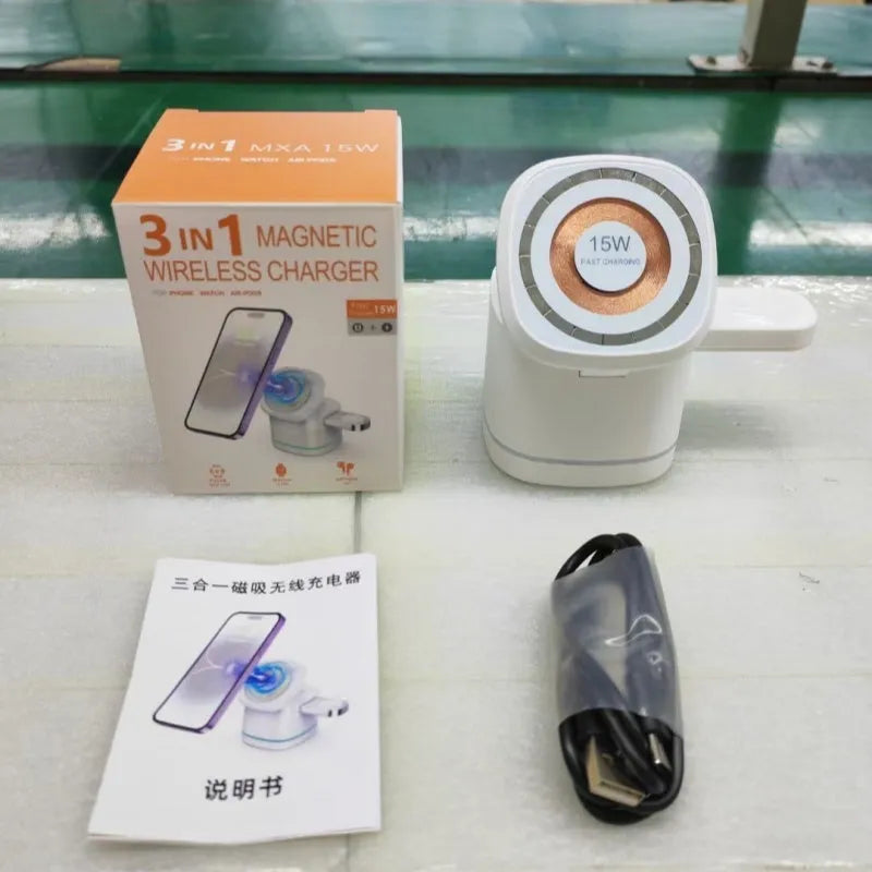 Three-in-one folding magnetic wireless fast charger for mobile earphone watch in Iron Grey