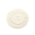 Hand-woven round beige cotton string coaster on a wooden surface, 15x15cm size option