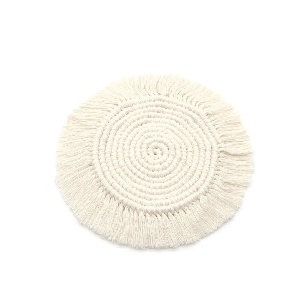 Hand-woven round beige cotton string coaster on a wooden surface, 15x15cm size option