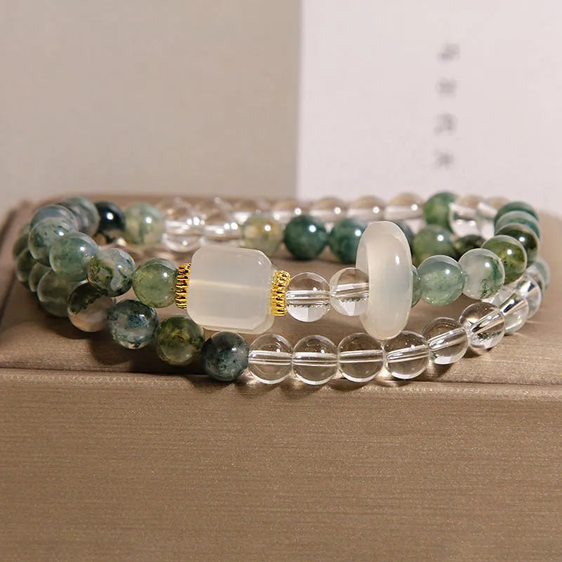 Double circle green grass agate and white agate cube sugar bracelet on a neutral background