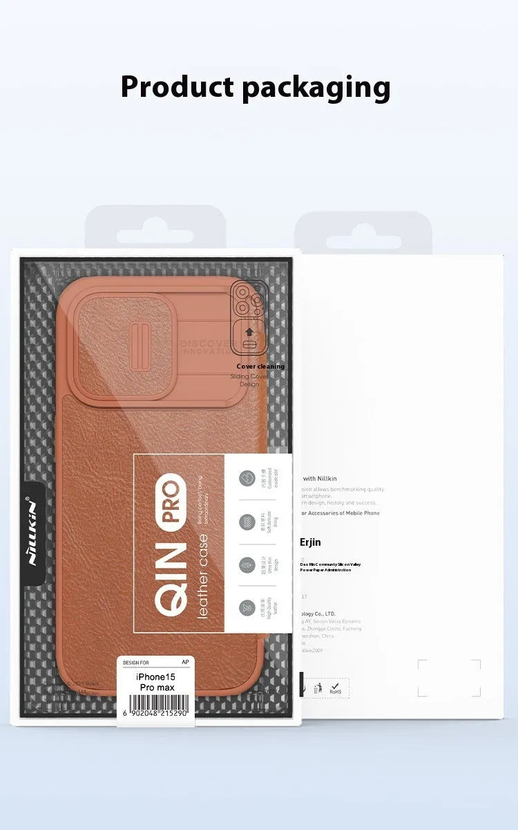 Black imitation leather flip phone case for iPhone Pro models shown open.