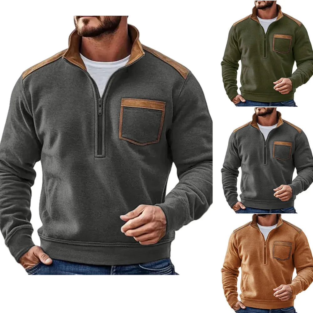 Men's zipper fleece sweater in gray 7129 colour, long sleeve pullover style