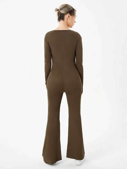 Zippered round neck flared trousers in black, white, khaki, and brown