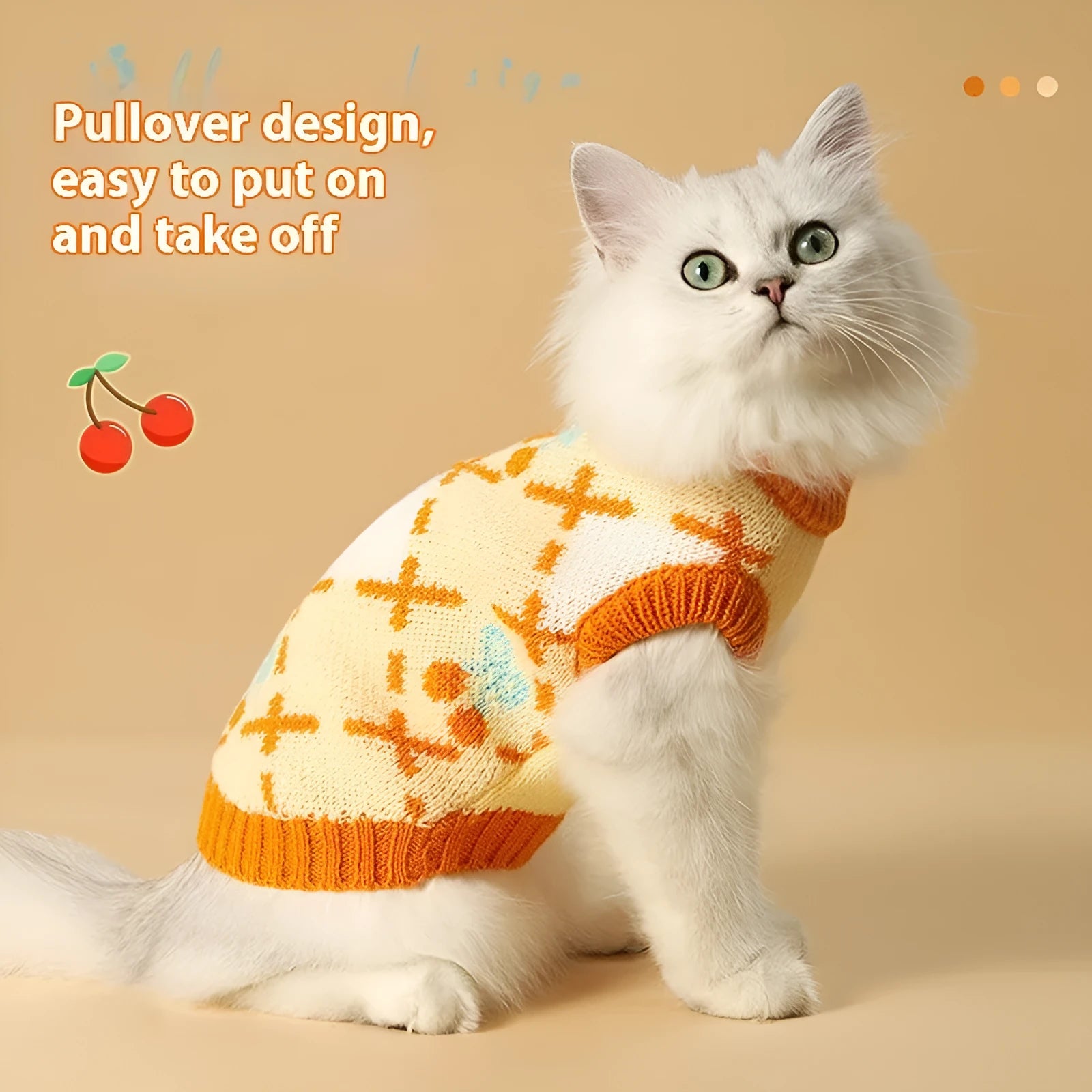 Orange cherry coloured thick knit cat sweater for autumn and winter, shown on a cat.