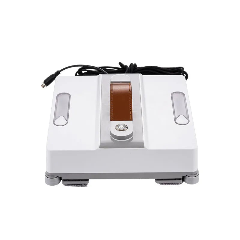 White square window cleaning robot with water spray nozzles on a glass window pane.