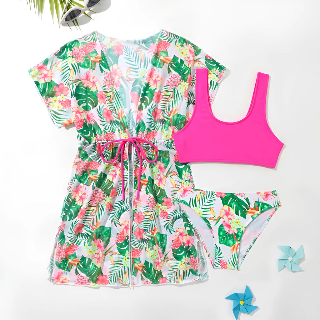Girls' two-piece swimsuit with Korean floral pattern in polyester fabric