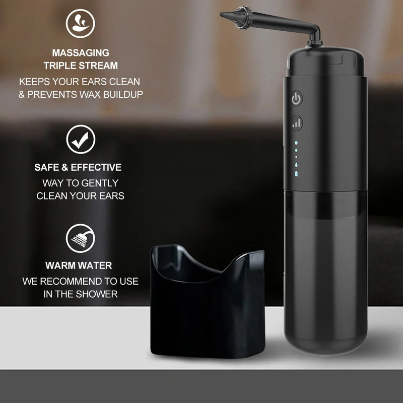 USB-charged ear washer with three reusable nozzles measuring 22cm in length, designed for safe earwax removal using water irrigation technology with a silicone construction