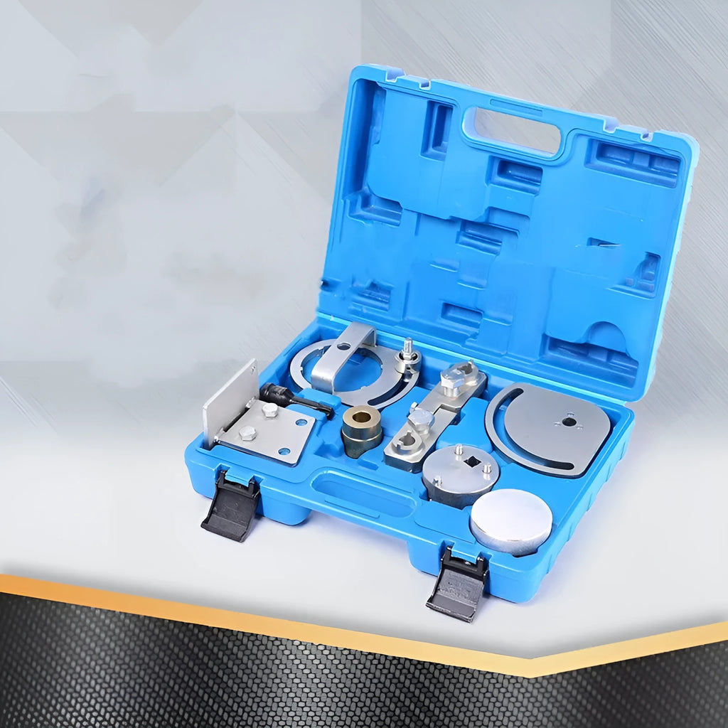 Volvo engine timing tool set with 8 carbon steel alignment tools for cylinder head work.