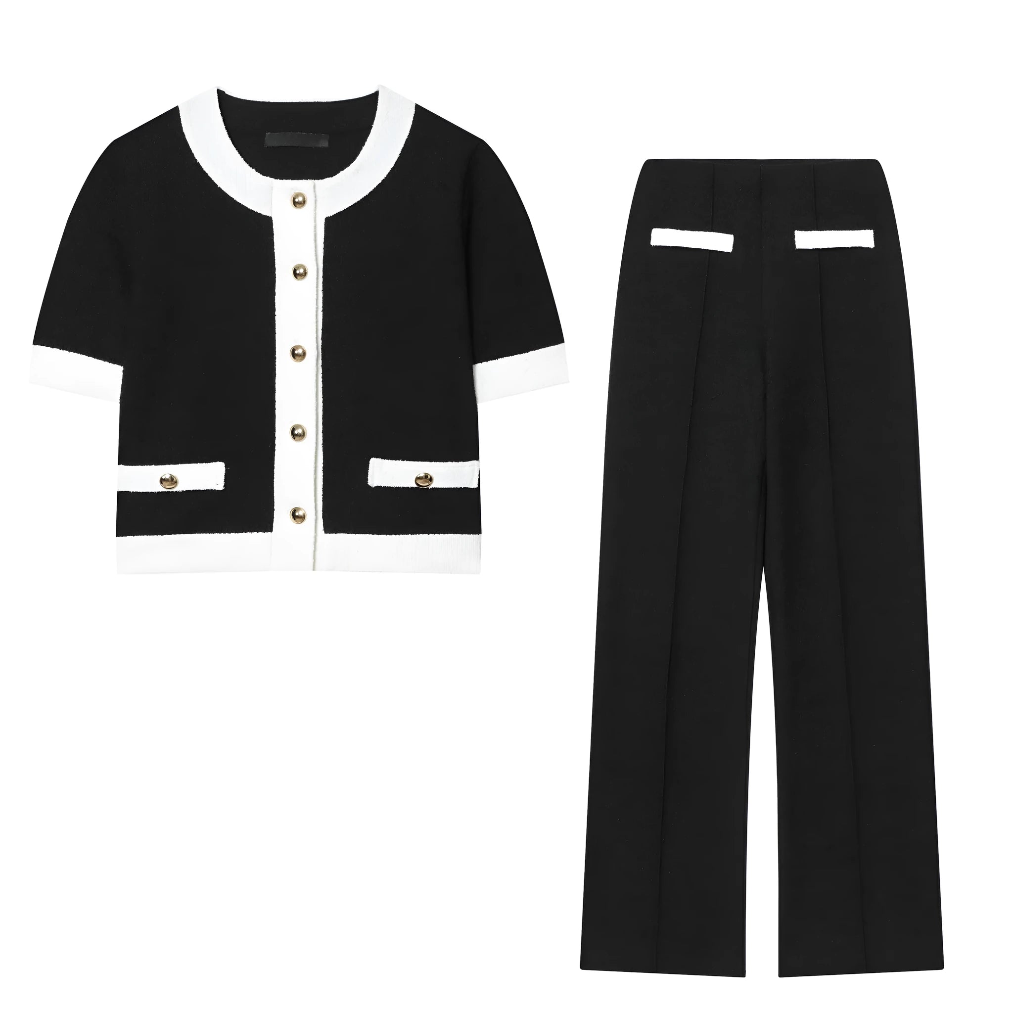 Women's contrast colour beaded leather top with high-waisted trousers street fashion suit