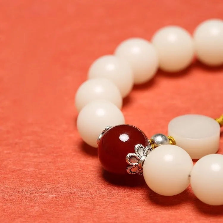 National style couple bracelet with white jade and 10mm Bodhi beads in red, black, or gold colours