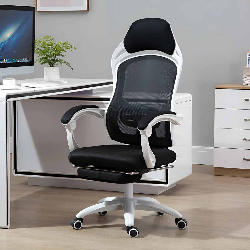 Black rotating computer gaming chair with linkage armrests and nylon wheels
