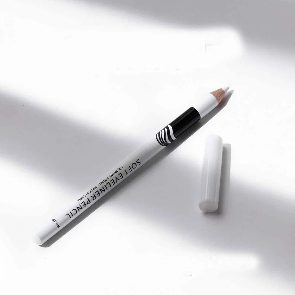 Box of 12 white eyeliner pencils showing waterproof formula and high gloss finish