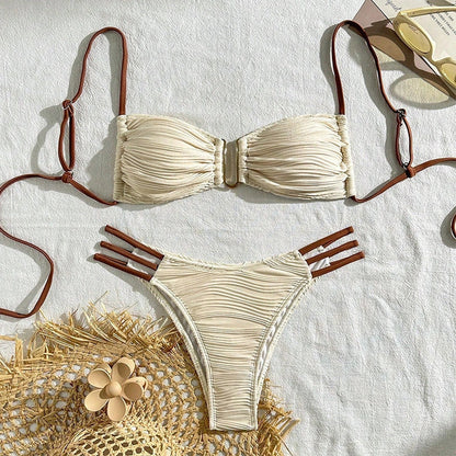 Women's striped polyester swimsuit in khaki, brown, white, black, or green for beach and hot spring activities