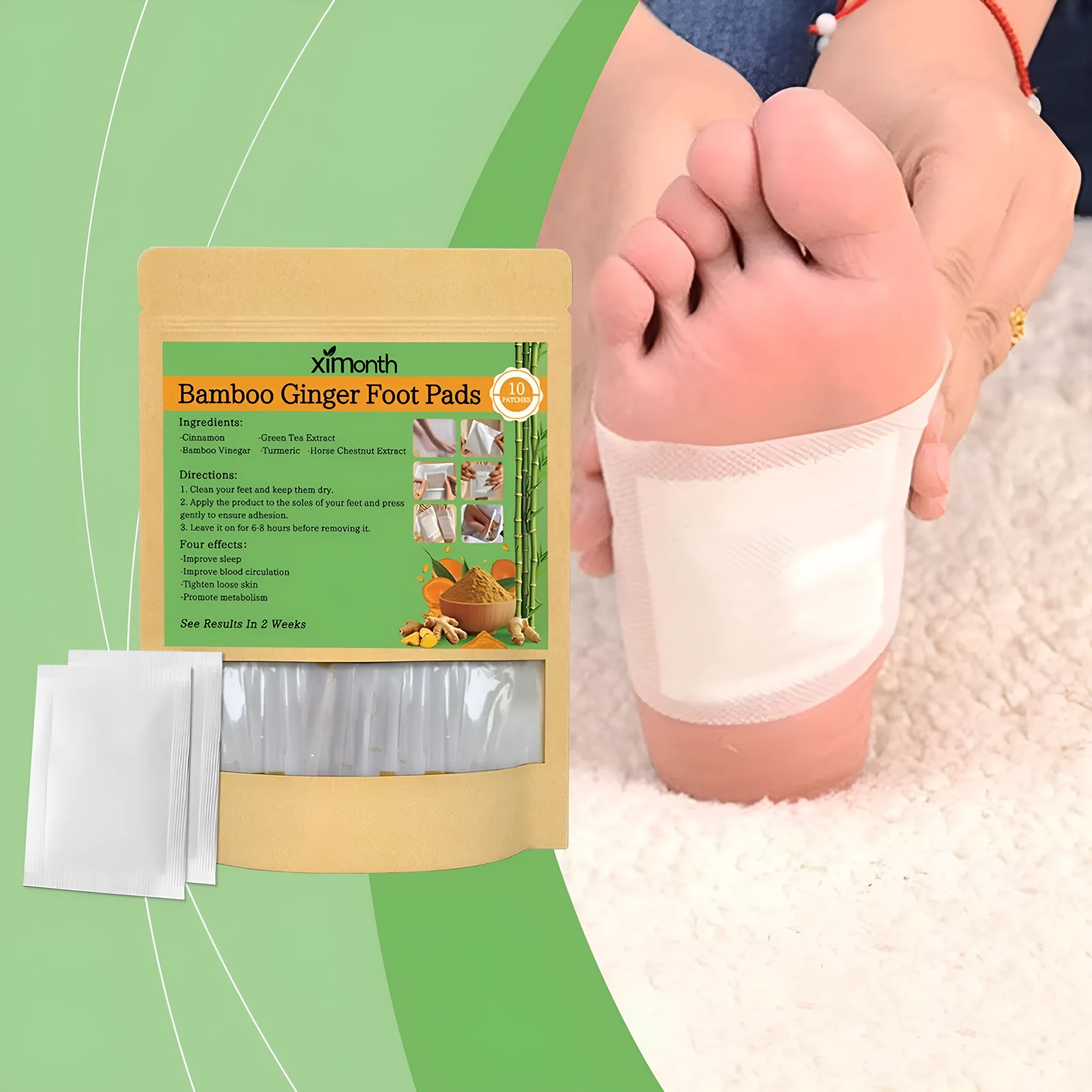 Pack of 10 adhesive health patches with ginger, turmeric, and bamboo vinegar ingredients.