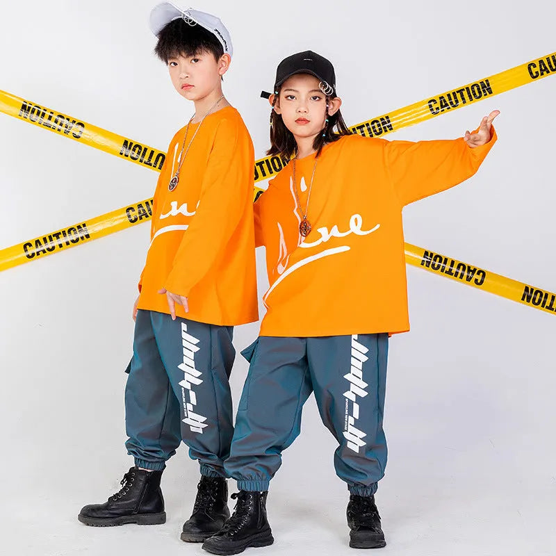 Children loose cotton hip hop performance top and pants set in black and grey blue for dance