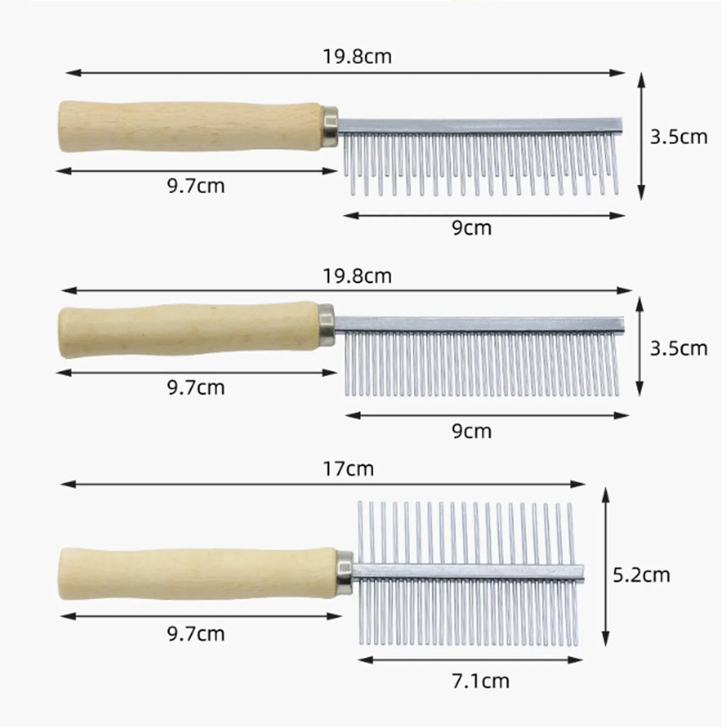 Wooden handle pet grooming comb for dogs and cats with round-tip metal teeth.