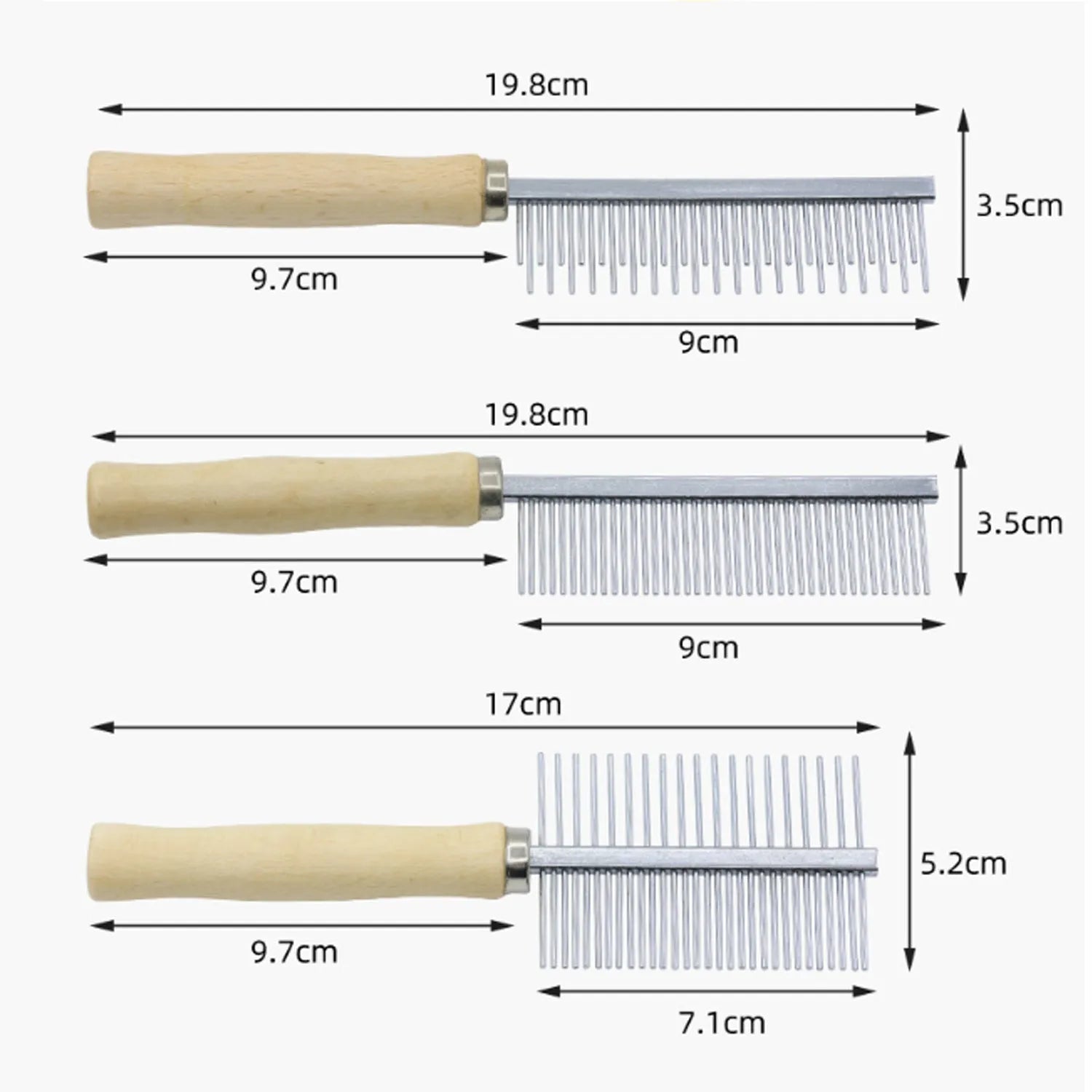 Wooden handle pet grooming comb for dogs and cats with round-tip metal teeth.