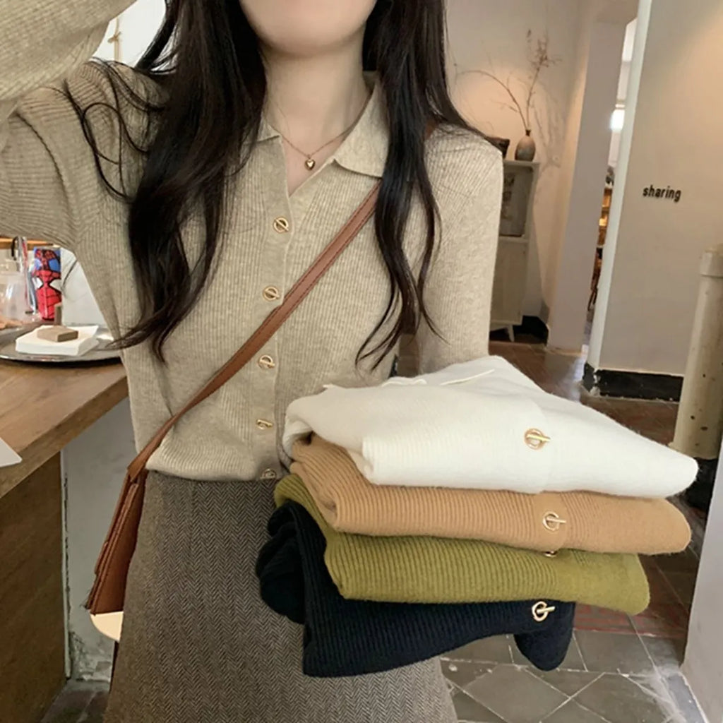 Long-sleeved loose viscose knit cardigan top in beige, black, green, khaki, or oatmeal colour.