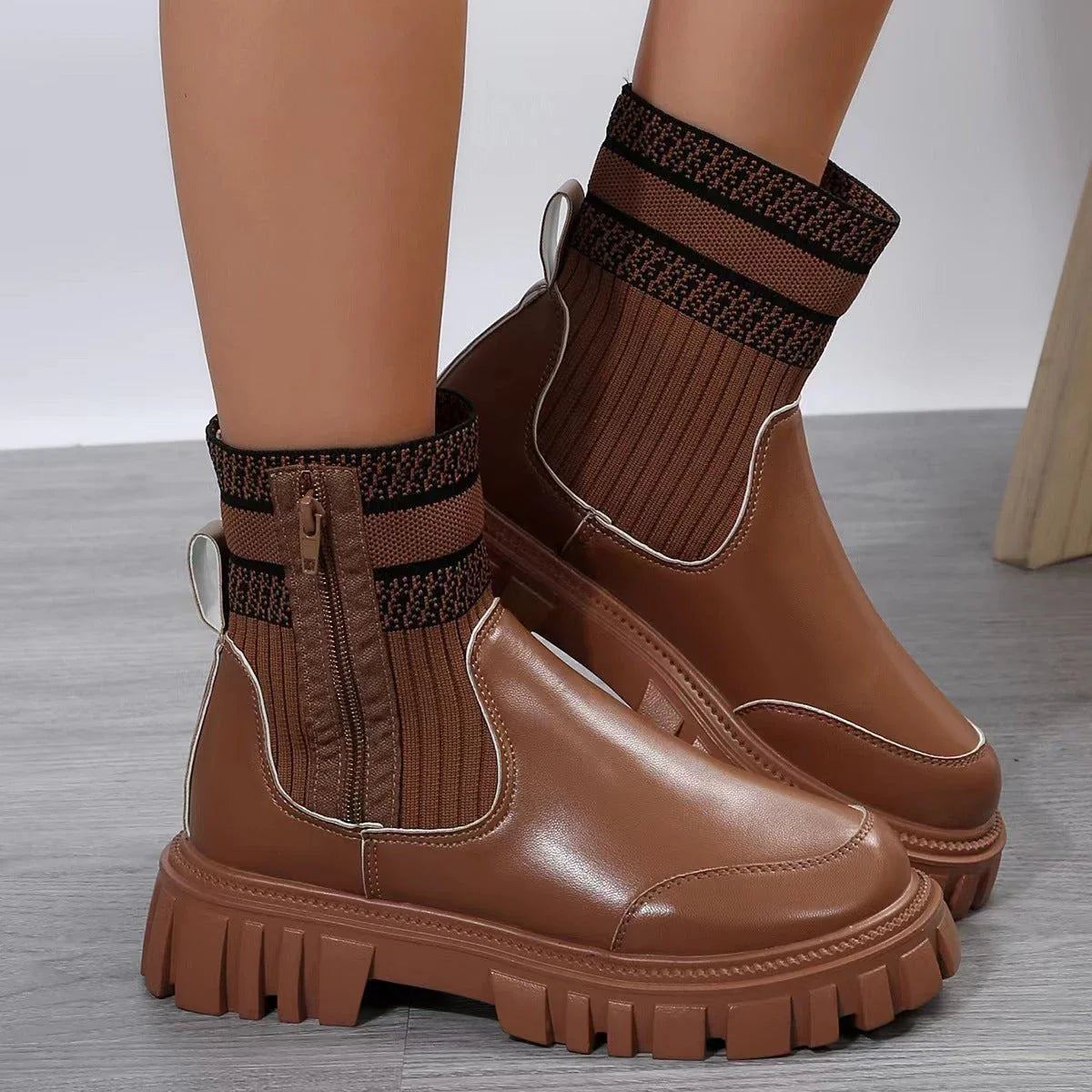 Stylish zipper boots with non-slip rubber sole, knitted patchwork upper, and round toe design for women