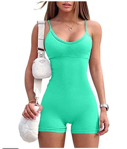 Stylish spaghetti strap romper in a variety of vibrant colors, designed for fashion, fitness, and everyday comfort.