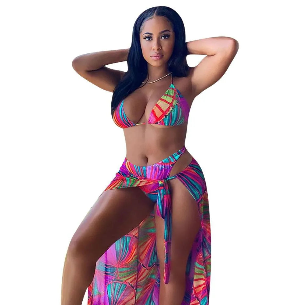 Split swimsuit bikini three-piece floral gradient print nylon women beach swimwear green orange red