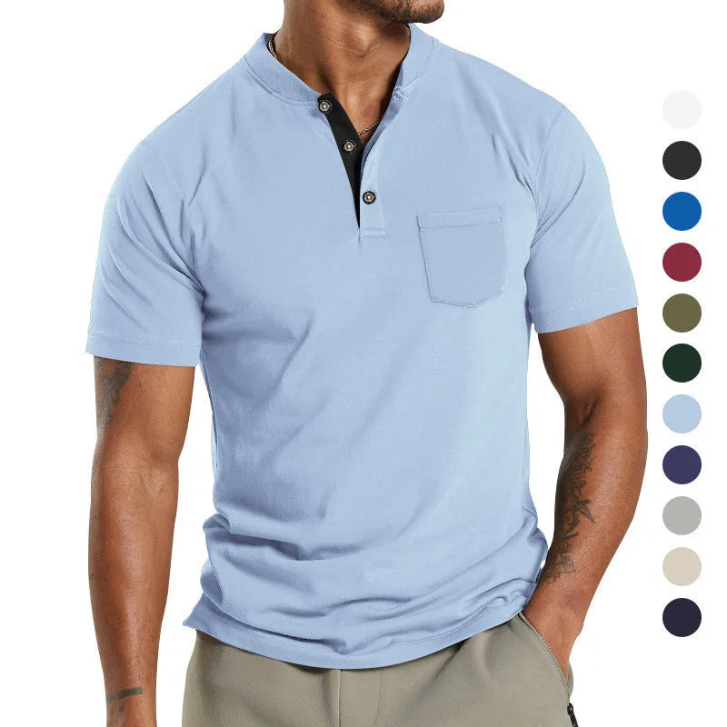 Plus size man wearing a light grey short sleeve polyester casual shirt with a button chest pocket.
