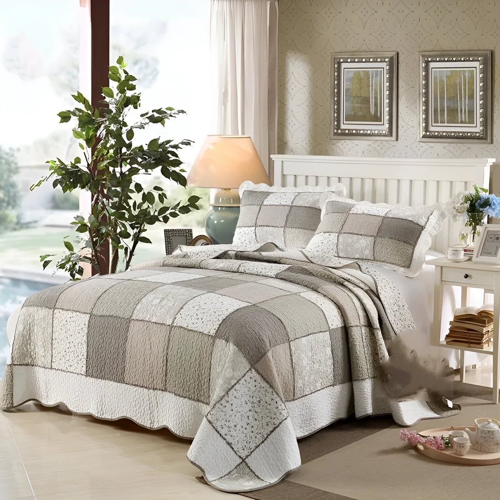 Korean style pure cotton quilted bedspread and two pillowcases in a three-piece bedding set.