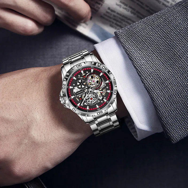 Men's silver skeleton automatic watch with luminous blue steel band and transparent case back