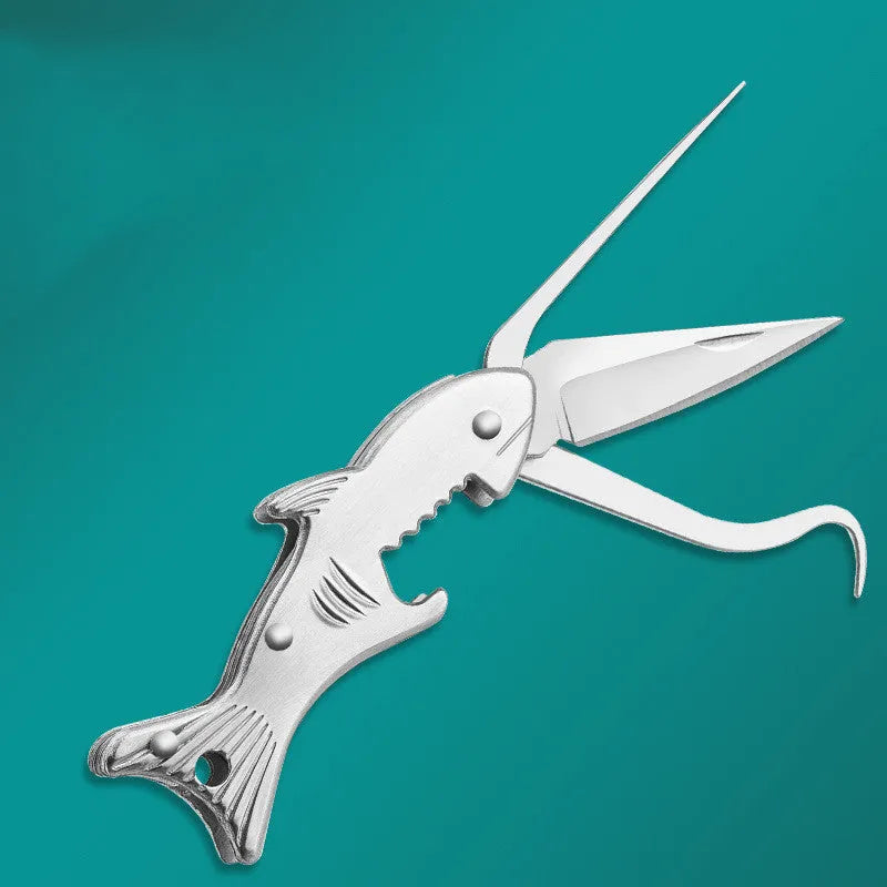304 stainless steel multi-functional toothpick knife with non-slip grip in silver finish on white background