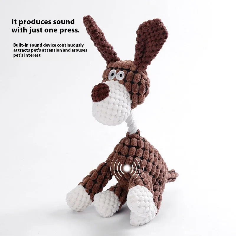 Assorted plush pet toys including a grey donkey, a beige donkey, and a yellow rechargeable duck for puppies.