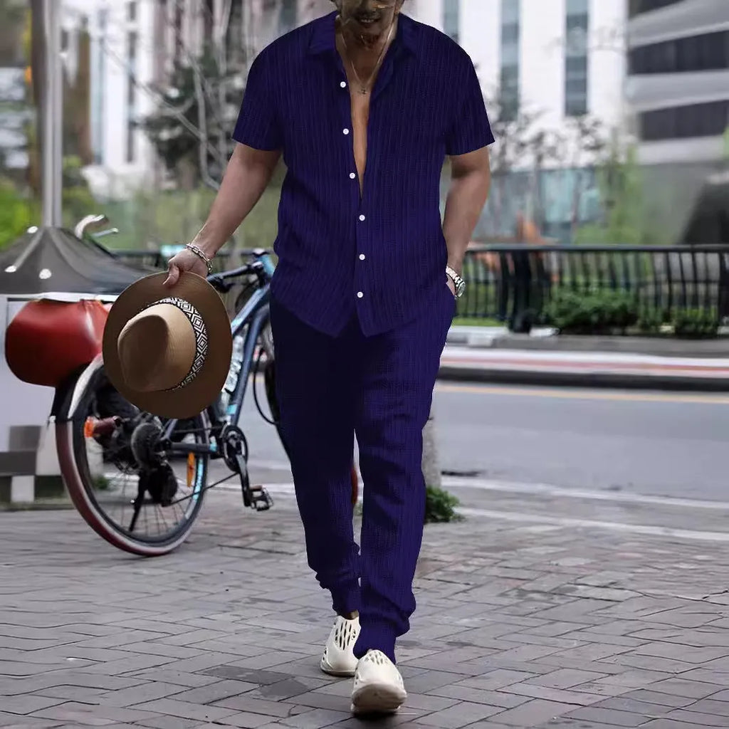 Men's casual shirt and trousers matching set in cotton blend fabric with short sleeves