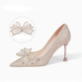 Champagne sequin stiletto heel pumps with crystal embellishment for wedding events.