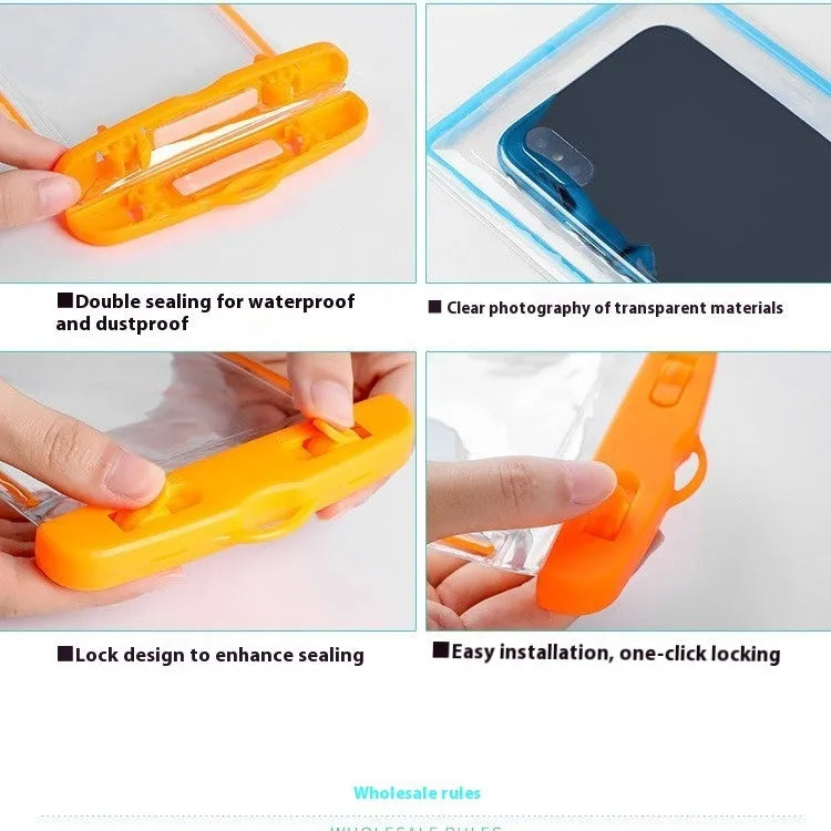 Luminous transparent PVC waterproof phone bag in orange, sealed with touchscreen access, for beach and swimming use